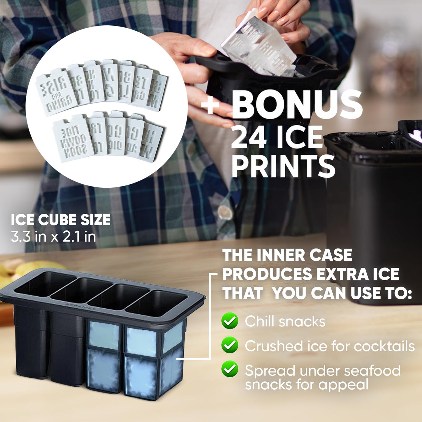 Berlinzo Premium Clear Ice Cube Maker with Conversation Ice Prints – 8 Large 2.1" Crystal Clear Ice Squares – Giftable Idea for Party, Game Night & Just for Fun – Includes Storage Bag (Non-Electric)