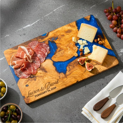 Custom Resin Charcuterie Board Personalized – Epoxy Olive Wood Cutting Board, Wedding or Holiday Gift