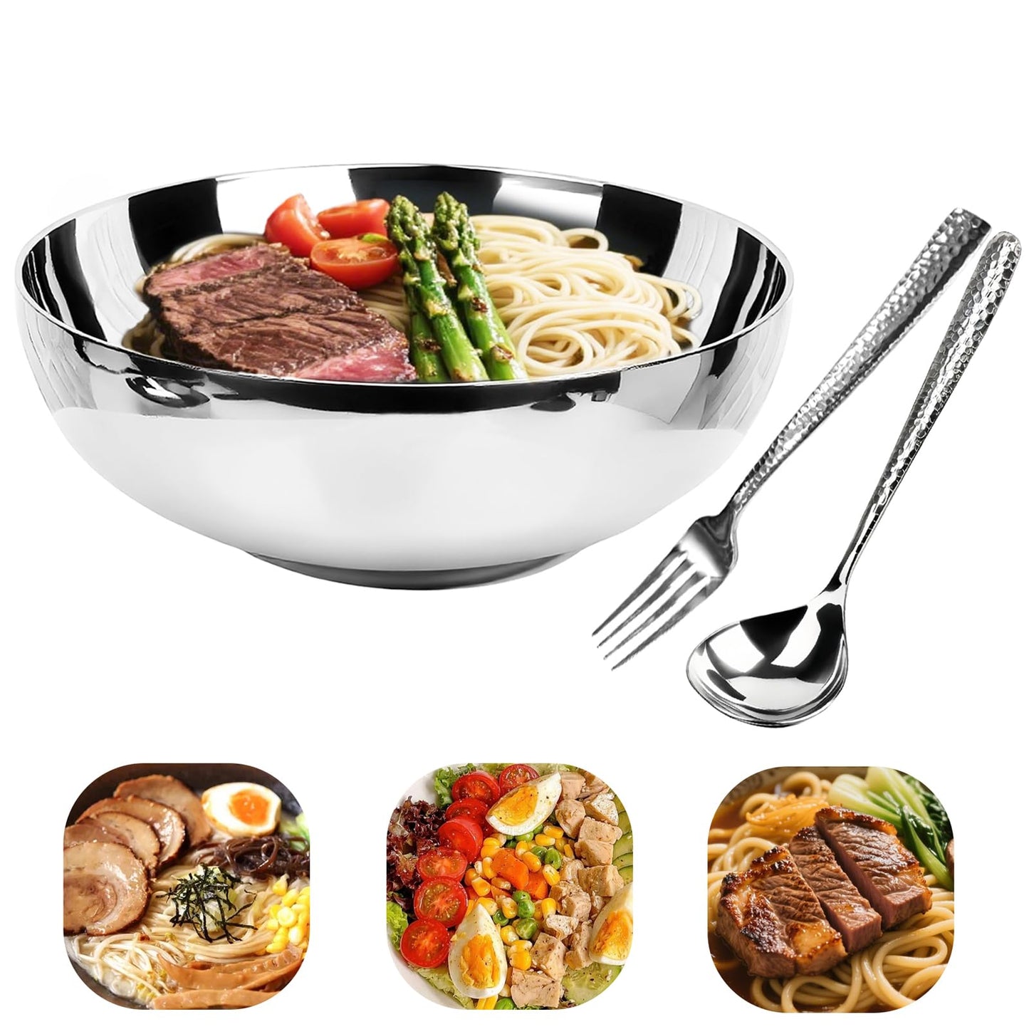 LANGMINGDE 304 Stainless Steel Pasta Bowls, 47oz Double Walled Insulated Soup & Salad Bowls Unbreakable, 8.7" Large Cereal/Ramen/Udon/Noodle/Pho Bowl Plates with Spoons & Forks, Dishwasher Safe