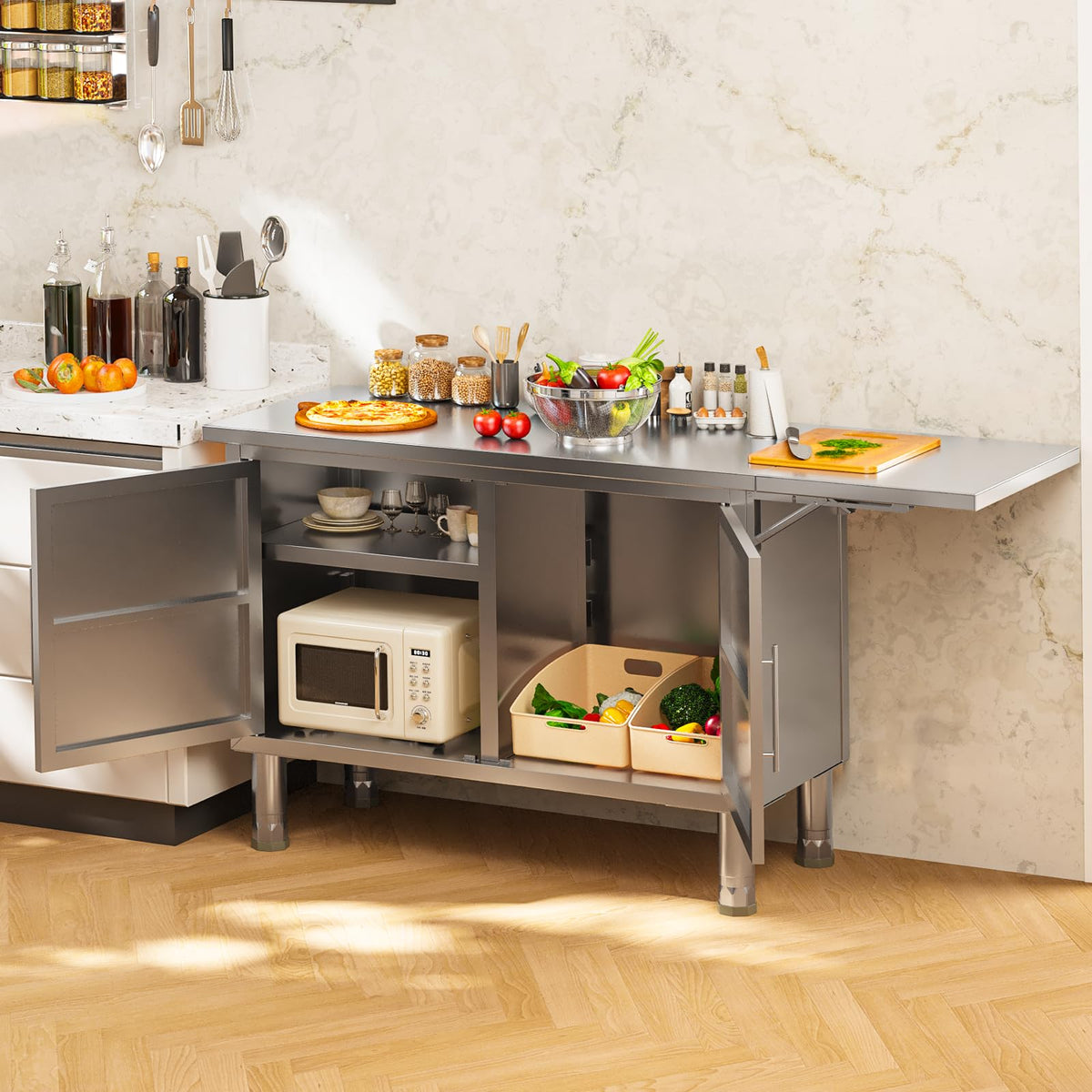 JFHID Stainless Steel Work Table, 57"x19.7" Commercial Worktable Kitchen Cabinets with Extend Panel & Adjustable Shelf, Heavy-Duty Kitchen Prep Table Workbench for Home, Restaurant, Garage and Hotel