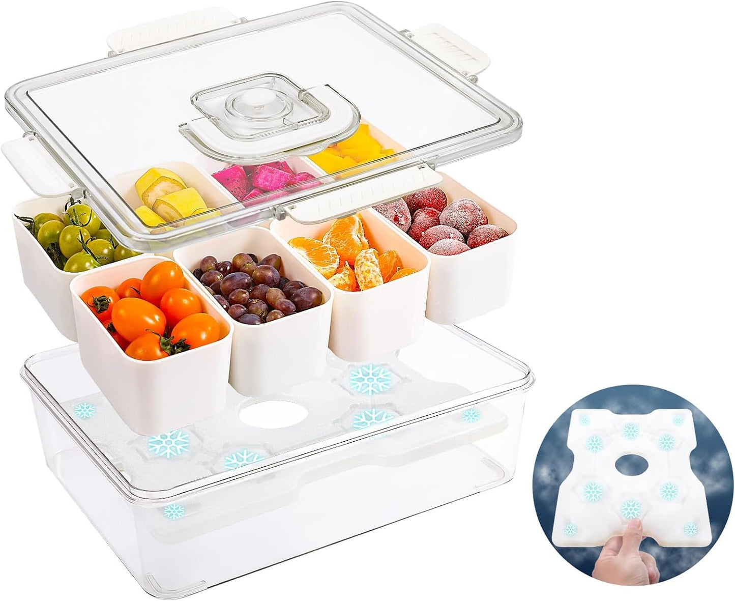 Bivpreom Snackle Box Container With Ice Pack，Chilled Serving Tray，Snackle Box With Ice Pack & Lid & 8 Compartments