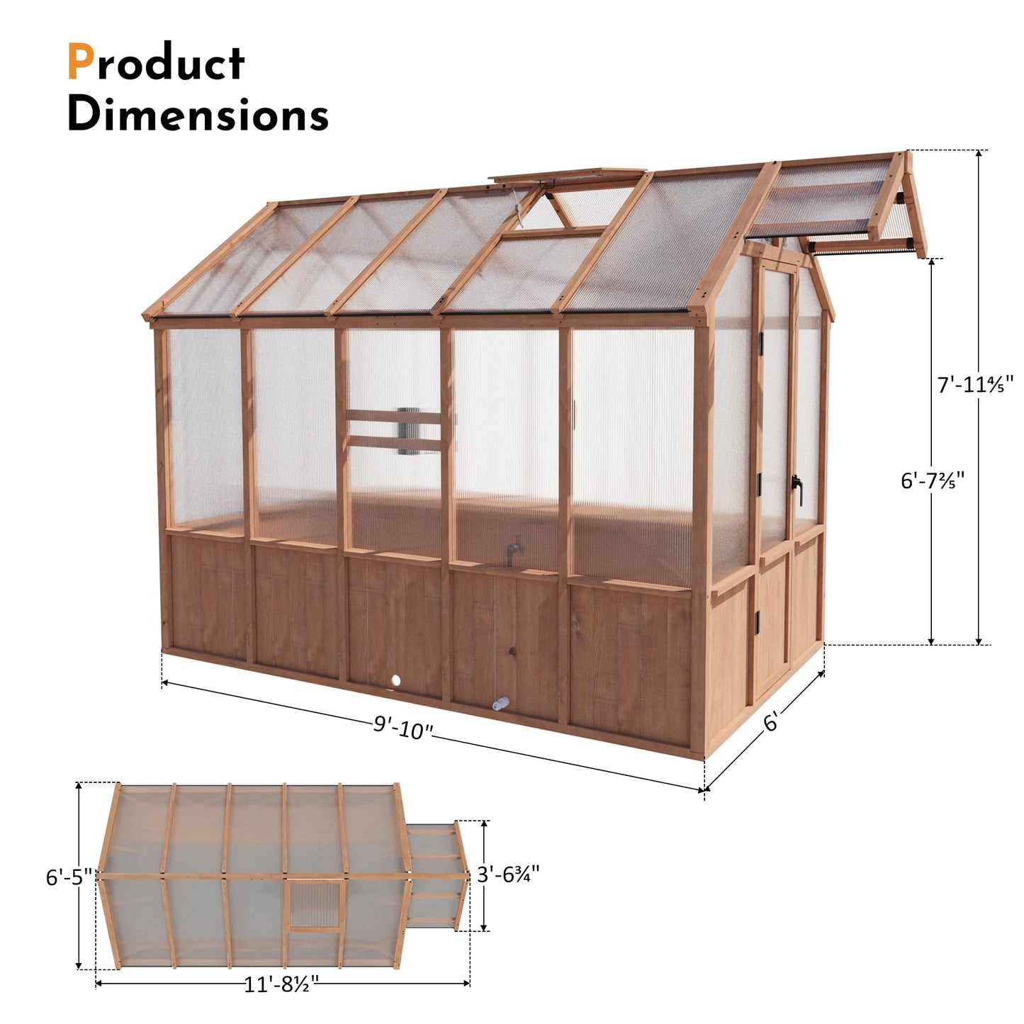 Modern Shade EverBloom 6.5'x10' Wooden Greenhouse, 8' Extra-Tall Cedar Wood Greenhouse with Built-in Outdoor Faucet Kit, Heavy Duty Greenhouse with Built-in Shelving, Power Strip & Ventilation System