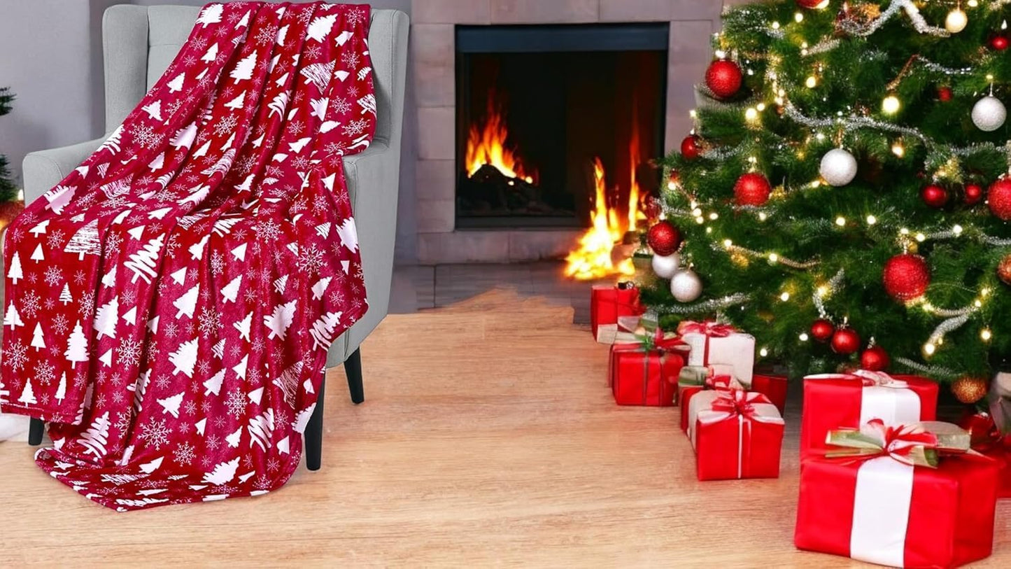 Winter Christmas Holiday Fleece Throw Blanket: Velvety Soft Forest Tree and Snowflake Design, Accent for Couch Bed