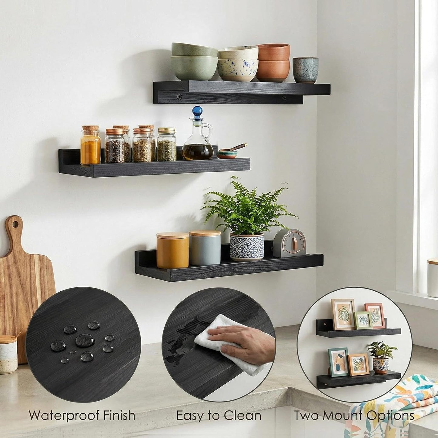 12 5.5inch, 2 Pack Z metnal Wood Floating Shelves, Small Natural Wooden Display Wall Shelf for Picture Ledge, Wall