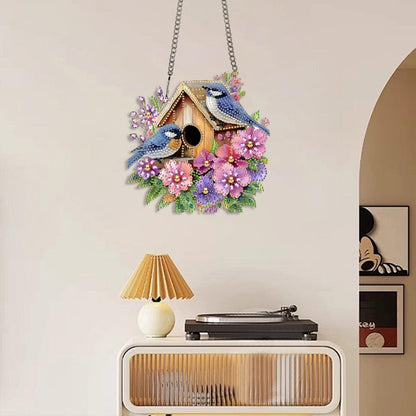 LPDJITO DIY Birdhouse Diamond Painting Hanging Ornament, Double-Sided Acrylic Flowers Bird Diamond Art Kit, Special Shaped Drill Pendant Window Art Kit, Suncatcher Hanging Craft Decoration