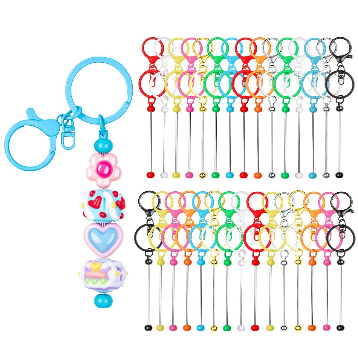 RQAYE 30pcs Beadable Keychains Keychain Bulk kit Cute Blank Bead Keychain Strip DIY Men's and Women's Making Supplies Crafts, Jewelry, Bag Accessories, Customized Project Gifts (Multicolor)