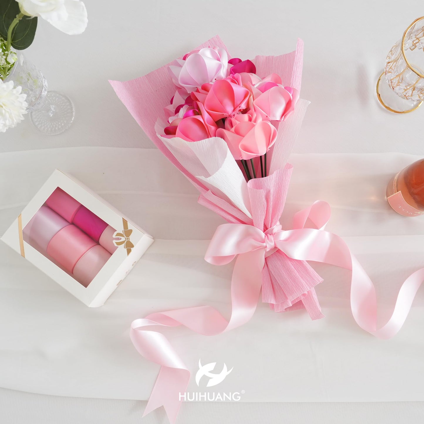HUIHUANG Pink Ribbon 1-1/2" Satin Ribbon Assorted Pink/Hot Pink Satin Ribbons for Flower Bouquet, Gift Wrapping, Hair Bows Crafts, Wedding Bridal Shower Decor- 6 Rolls, Total 30 Yards