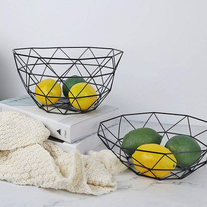 Geometric Metal Wire Fruit Bowl, Iron Arts Fruit Storage Basket for Kitchen Counter (Black, Large)