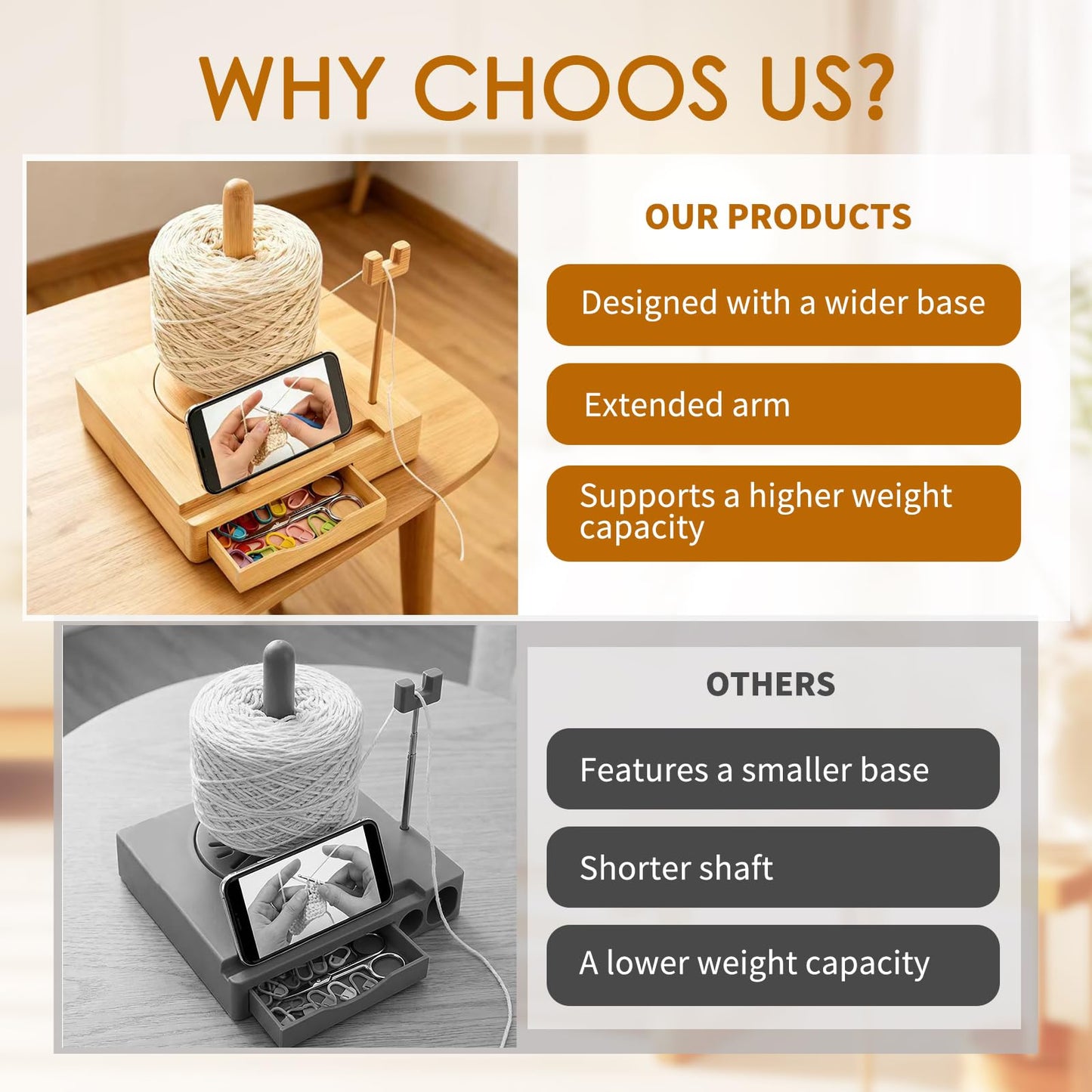 Portable Multi-Functional Wooden Yarn Spool Rotator with Phone Holder, Detachable Yarn Spool Box and Crochet Accessory Storage Box, Designed for Knitting Enthusiasts. (Original Wood Style)