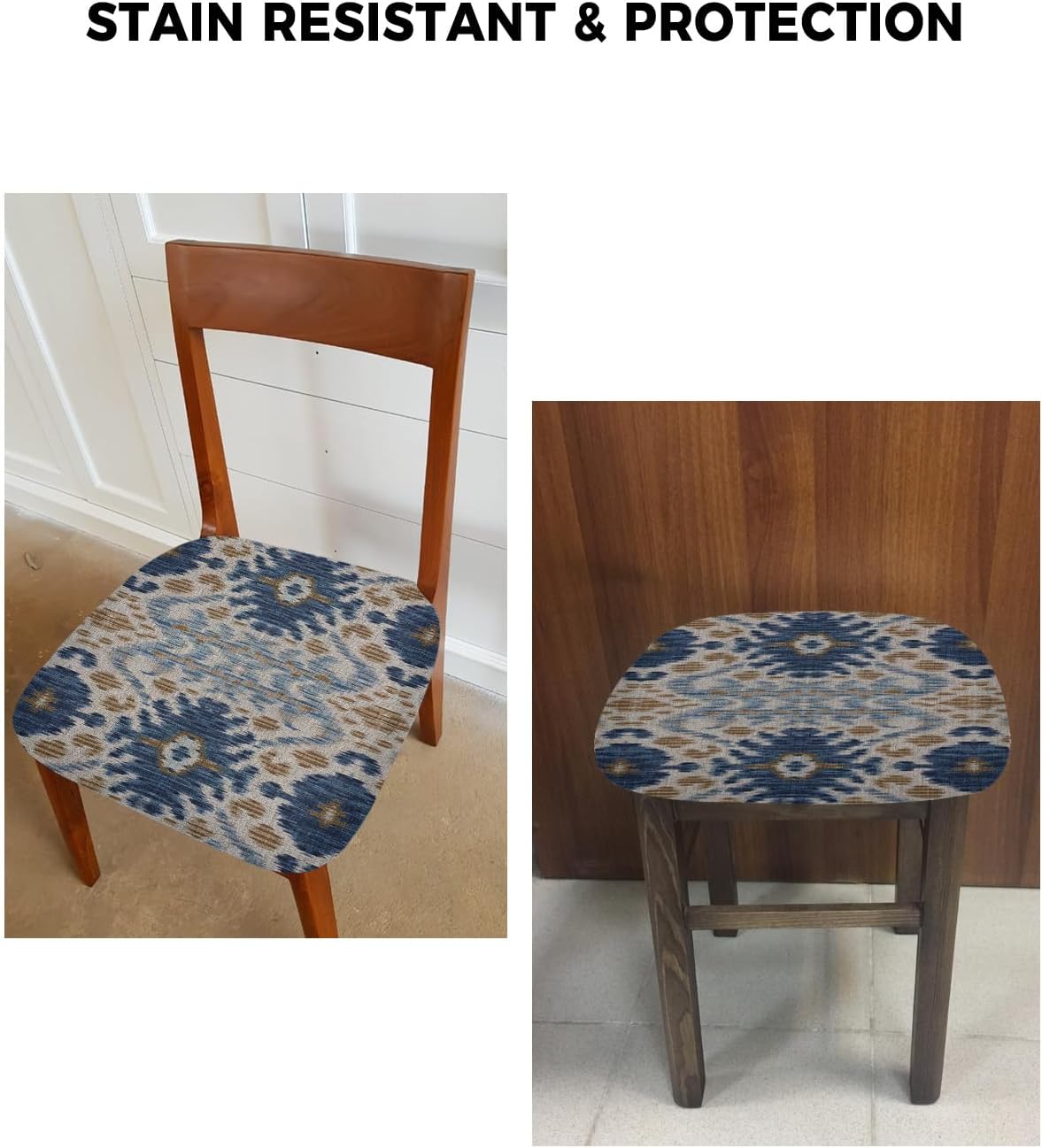 Boho Blue Brown Seat Covers for Dining Room Chairs, Stretch Cushion Protector for Kitchen Set of 2