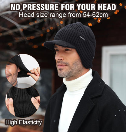 Wmcaps Winter Beanie with Brim and Ear Flaps, Outdoor Warm Fleece Lined Knit Hat Stocking Caps for Men Women Charcoal Gray