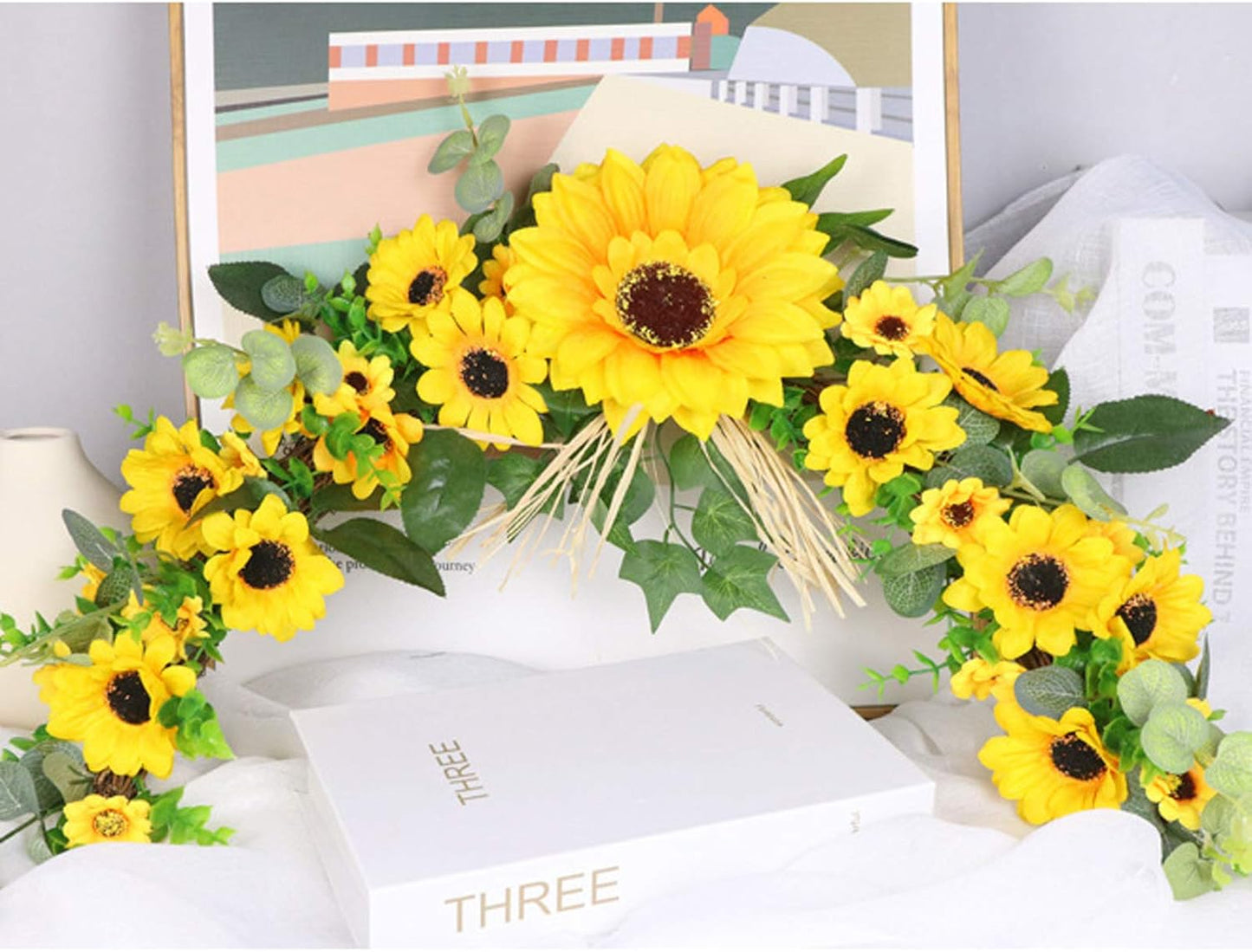 Rustic Artificial Sunflower Swag, 23 Inch Decorative Floral Swag with Sunflower and Green Leaves for Wedding Arch Front