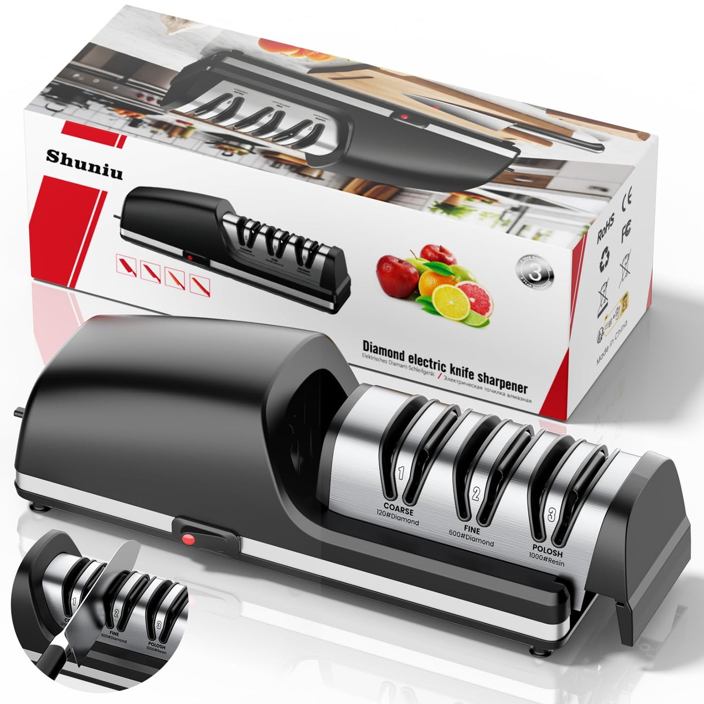 Professional Electric Knife Sharpener, 3-Stage Diamond Abrasive Sharpening System, Replaceable Sharpening Heads, 15° Precision Angle Guide for Kitchen Knives, Quick Blade Repair and Restoration