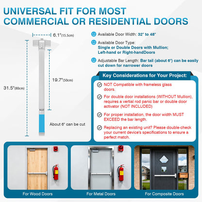 IRONWALLS 32 Inch Panic Bars for Exit Doors, Commercial Emergency Exit Push Bar Panic Exit Device with Exterior Lever Trim for 32" to 48" Wood Metal Door, Heavy Duty Steel Panic Door Hardware, Silver