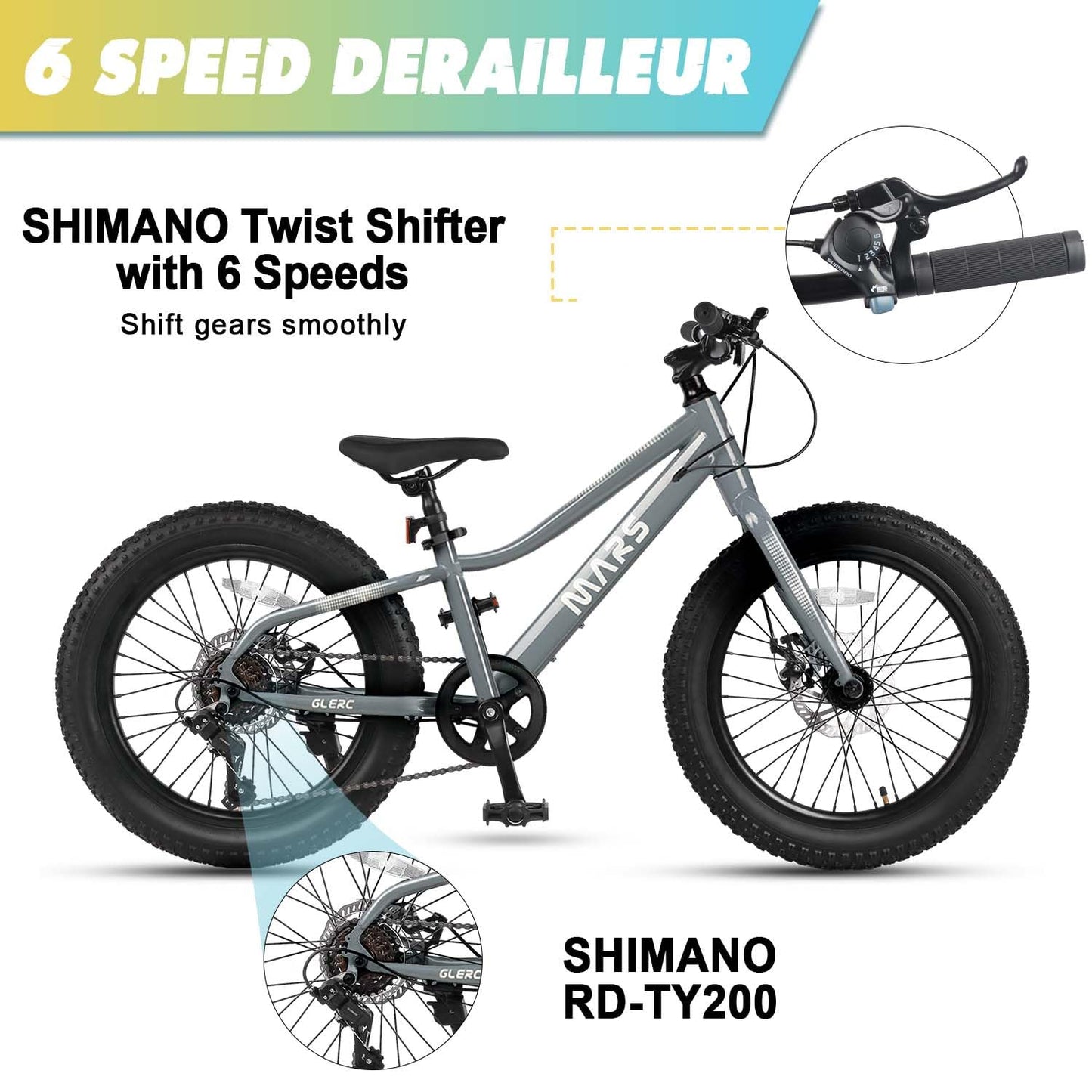 Glerc Mars Kids Mountain Bike, 20 Inch Fat Tire Bike for Teen Ages 6-12 Year Old, Bicycle with 2.8-Inch Wide Tires and 6 Speed Drivetrain, Gray