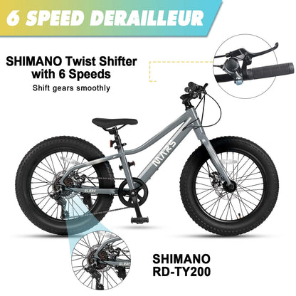 Glerc Mars Kids Mountain Bike, 20 Inch Fat Tire Bike for Teen Ages 6-12 Year Old, Bicycle with 2.8-Inch Wide Tires and 6 Speed Drivetrain, Gray