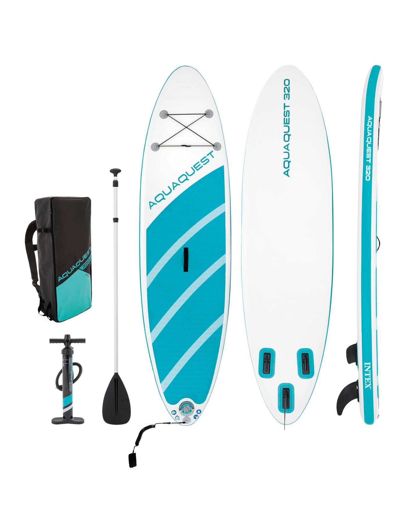 INTEX 68242EP AquaQuest 320 10ft Inflatable Paddle Board Set: Tri-Fin Design – Slip-Resistant EVA Pad – Includes Adjustable Paddle and High Pressure Pump – Storage Rope – 330lb Weight Capacity