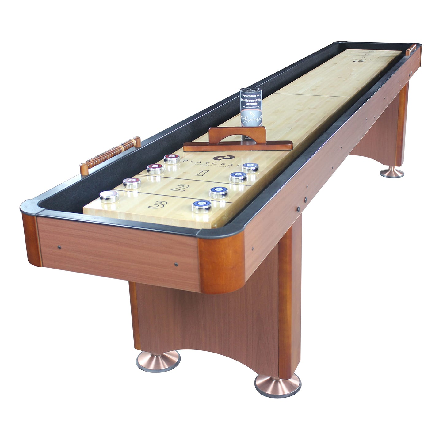 Playcraft Woodbridge Shuffleboard Table with Storage Cabinet - Shuffle Board Game Table Set with Matching Abacus, 8 Pucks, Brush & Wax (Made in USA) - Pro Style Climate Adjusters - Cherry - 12ft