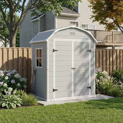 6x4.5 ft Resin Outdoor Storage Shed with Floor, Plastic Storage Shed with Lockable Door, Outside Shed Perfect to Store Patio Furniture, GardenTools Bike Accessories, Lawn Mower