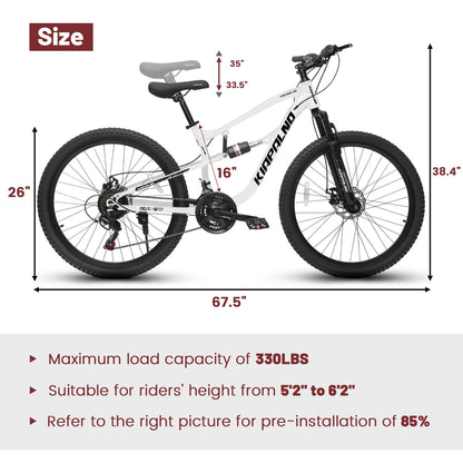 Ecarpat 26 inch Mountain Bike Full Suspension, 21 Speeds Dual Disc Brake Men Boys Bike for 10+ Years, Carbon Steel Frame, Trail Beach Snow Commuter City Bikes, Birthday Gift Choice