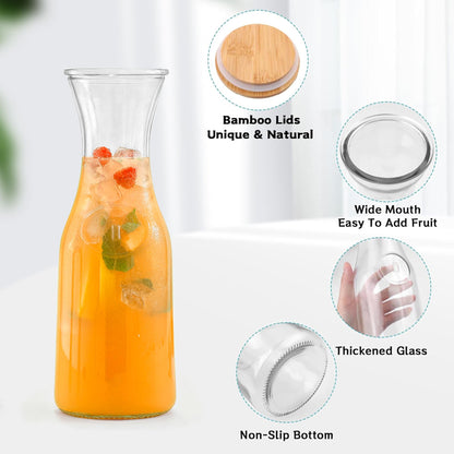 Glass Carafe with Bamboo Lid, Round 35 Oz Beverage Dispensers Carafe, Mimosa Bar Supplies, Clear Glass Pitcher with Name Labels for Iced Tea, Coffee, Juice(Set of 4)