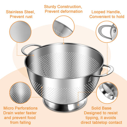 Stainless Steel Colander Set of 3 (1.5-3-5Quart) | Durable Rice and Pasta Strainer with Handle | Oversized Handles | Nesting Design | Rust-Resistant & Dishwasher Safe