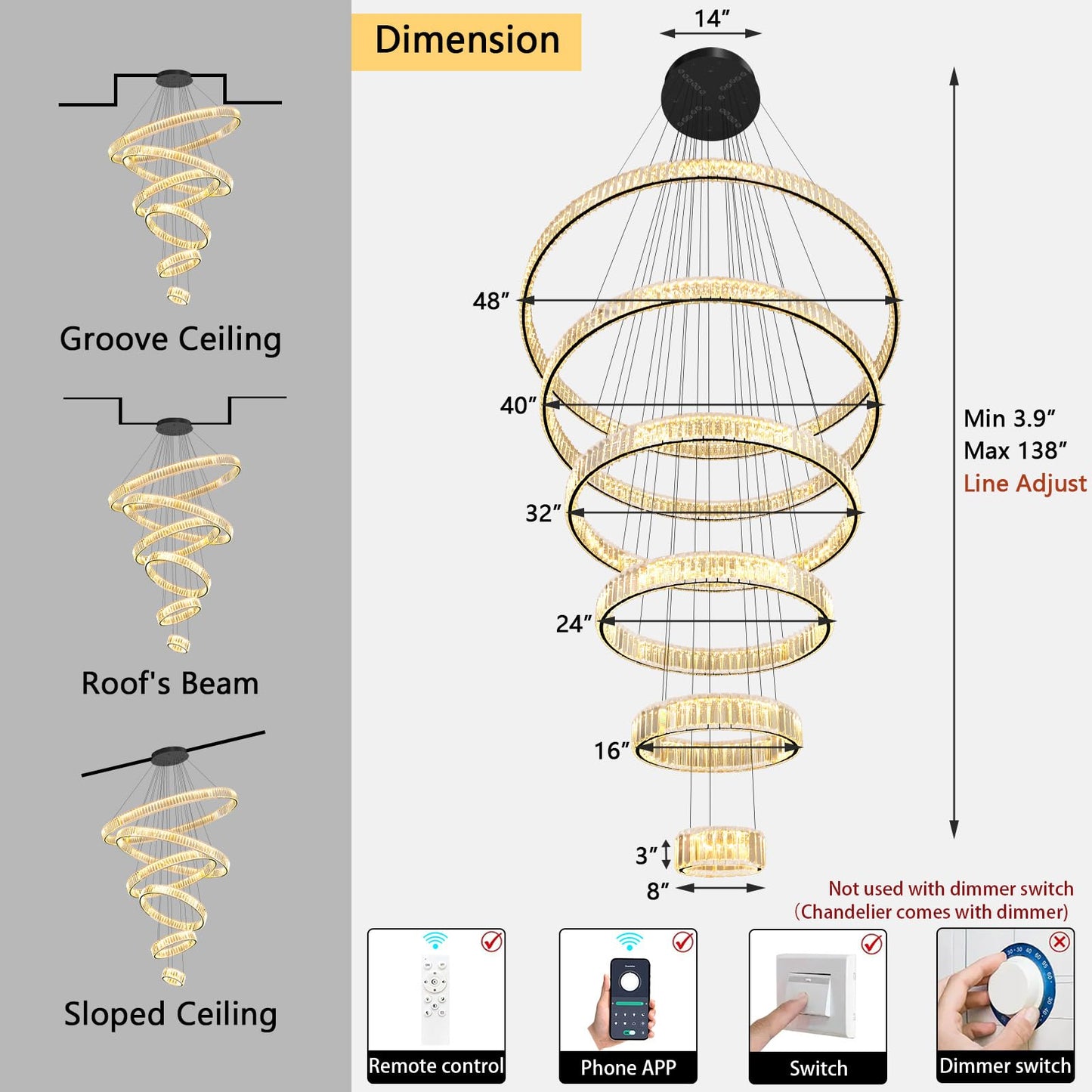 dolria Large Ring Chandelier Modern Crystal Chandeliers for High Ceiling Round LED Dimmable Ceiling Light Fixture for Foyer Long Stair Black 8''+16''+24''+32''+40''+47''