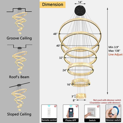 dolria Large Ring Chandelier Modern Crystal Chandeliers for High Ceiling Round LED Dimmable Ceiling Light Fixture for Foyer Long Stair Black 8''+16''+24''+32''+40''+47''