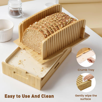 Bamboo Bread Slicer for Homemade Bread Adjustable Width Slicing Guides, Compact Loaf Cutter for Perfect Slices