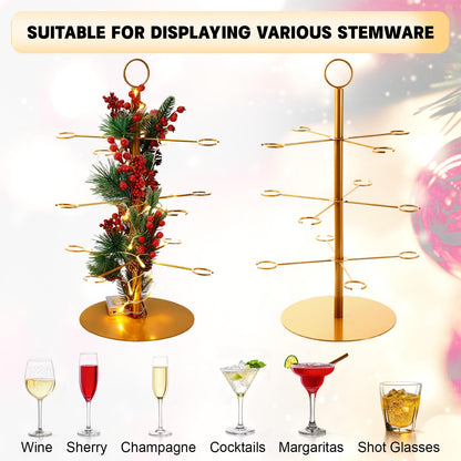 Acellegic 3 Tiers Christmas Gold Cocktail Tree Stand with 12 Holders 12 Pcs 10 oz Wine Glass Light Tree Drink Holder Display Tower with Pinecone Branch for Party Champagne Bar Bridal Shower Wedding
