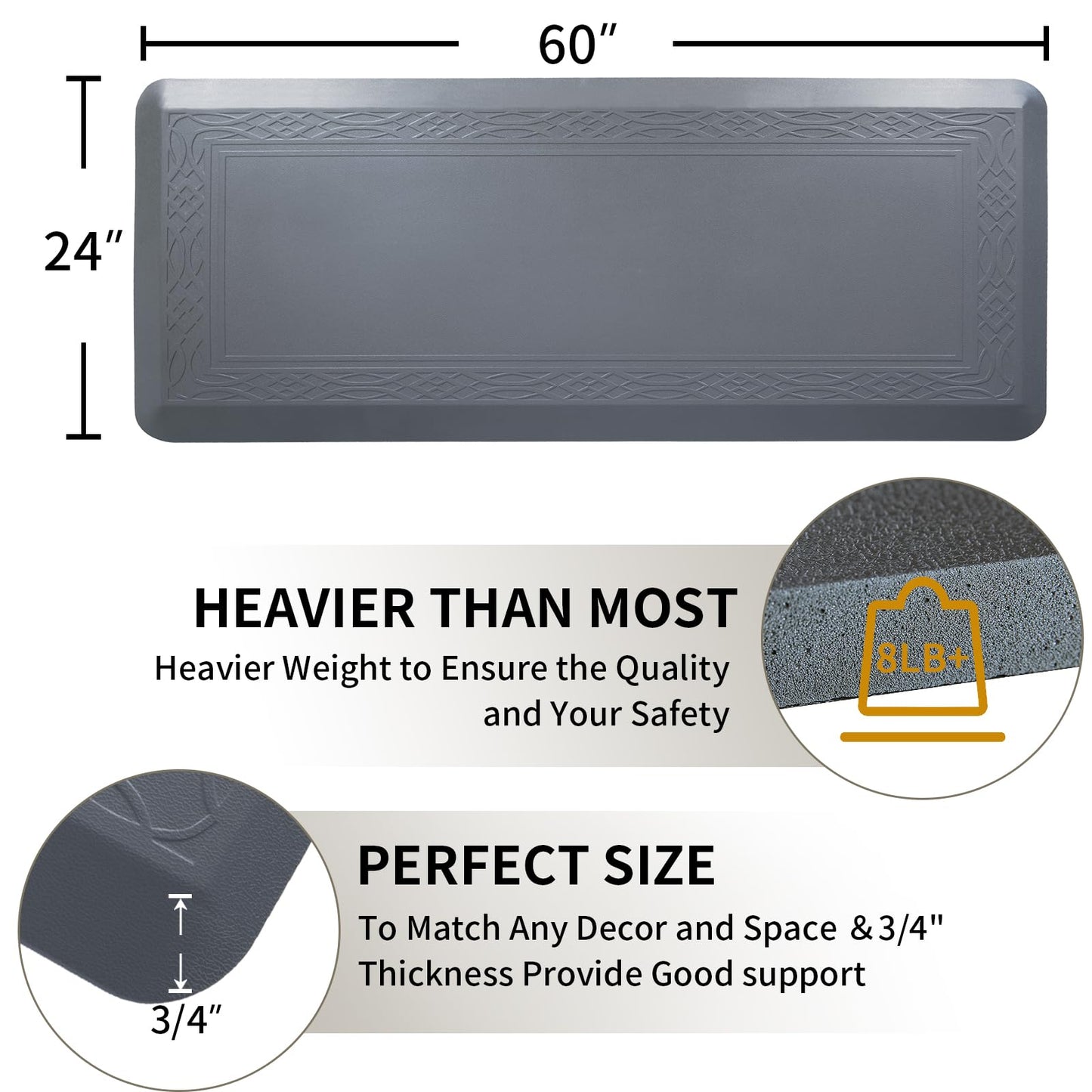24 x 60 Inch Extra Support Anti Fatigue Comfort Kitchen Mat, Waterproof Long Kitchen Runner, Non-Slip Standing Desk Mat, Commercial Pads for Offices, Home, Garages (Bordeaux Grey, 24'' x 60'')