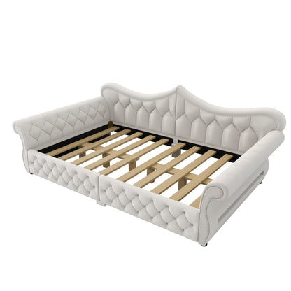 Merax Queen Size Upholstered Daybed with LED Lights, Convertible Sofa Bed, Tufted Daybed with Nailhead Trim, Wooden Frame Guest Bed for Living Room Bedroom, Beige