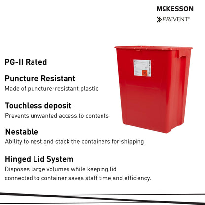 McKesson Prevent Premium Biohazard Sharps Container - Vertical Entry, Rotating Lid - Red and White, 18 gal, 13 in x 17 3/10 in x 24 3/5 in, 7 Count