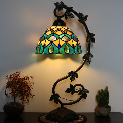 ZYLINX Tiffany Lamp Stained Glass Style Table Lamp 8 x 10 x 21” Peacock Feather Bedside Reading Light with Arched Metal Leaf Base for Desk Bedroom Living Room Study