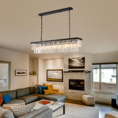 NOXARTE Rectangle Chandeliers for Dining Room, Modern Rectangular Crystal Chandelier Black 8 Lights Pendant Fixture for Kitchen Island Bar Living Room L47 Inch