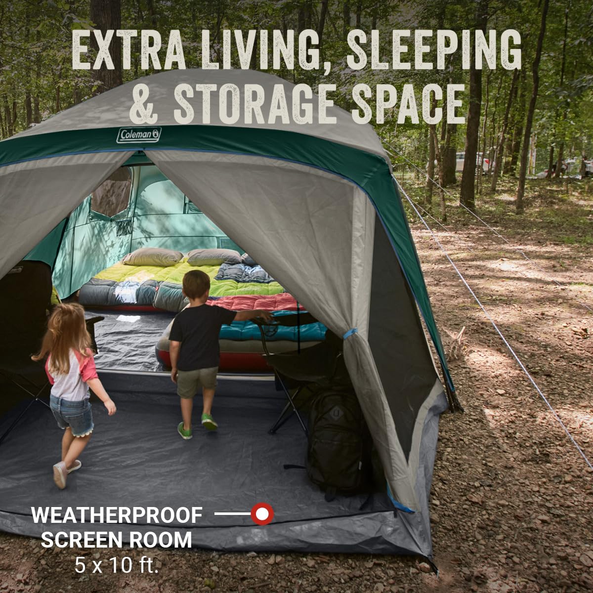 Coleman Skylodge 12-Person Tent with Rainfly & Screened Porch, Weatherproof Family Tent Fits 4 Queen-Sized Airbeds, Color-Coded Poles & Sleeves
