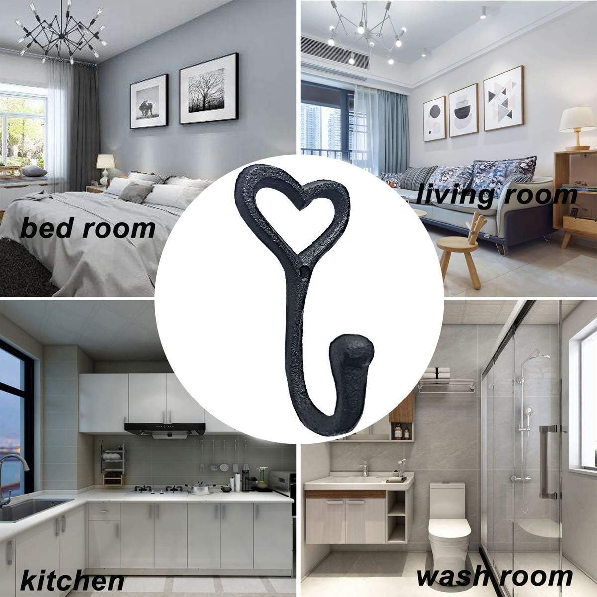 ZEYU Heavy Duty Coat Hooks, 4pcs Cast Iron Love Heart Shape Wall Hooks for Hanging Coats, Black No Rust