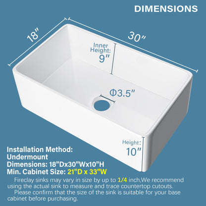HOMLYLINK White Farmhouse Sink 30 x 18 Inch, Firecaly Apron Front Undermount Farm Kitchen Sink Single Bowl, with Custom Accessories 2 Types, for Kitchen, Laundry, Small Space