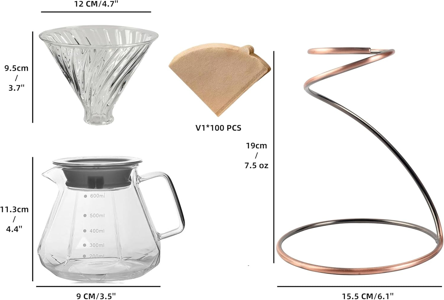 Pour Over Coffee Maker Set, 20oz/600ml Dripper & Glass Lid, Metal Stand and 100 Paper Filters, 4 in 1 Set