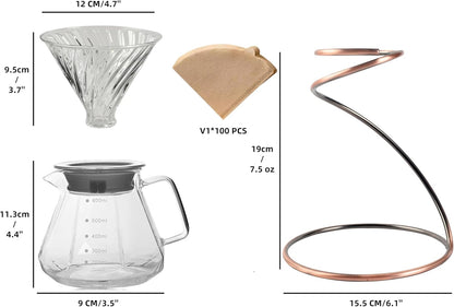 Pour Over Coffee Maker Set, 20oz/600ml Dripper & Glass Lid, Metal Stand and 100 Paper Filters, 4 in 1 Set