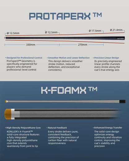 KONLLEN 2.0 Carbon Fiber Pool Cue with Professional Taper | Low Deflection Hand-Made Inlay Billiard Stick | Ultra-Smooth Shaft for Adult & League Players