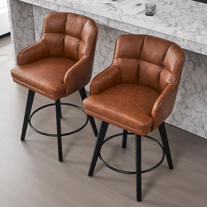 SAECKBERG 360°Swivel Counter Height Bar Stools with Back, 26 inch Solid Wood Legs, Bar Stool Modern Kitchen Island Chairs, Faux Leather (Brown- Faux Leather, 26" H- Set of 2)