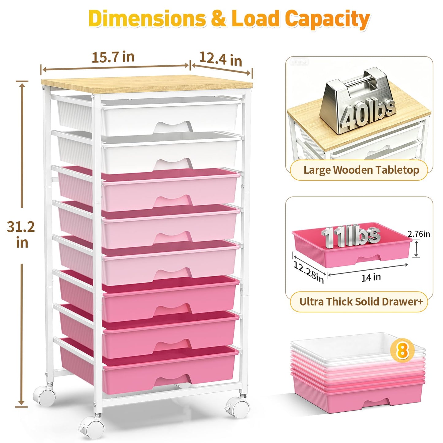 SUNALLY Rolling Storage Utility Cart with 8 Drawers, Storage Drawer Cart with Wooden Tabletop and 2 Lockable Wheels, 8 Tier Rolling Cart for Craft Art Supply Storage & Home Office Organization, Pink