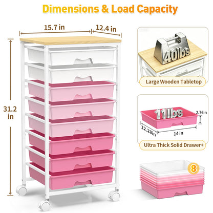 SUNALLY Rolling Storage Utility Cart with 8 Drawers, Storage Drawer Cart with Wooden Tabletop and 2 Lockable Wheels, 8 Tier Rolling Cart for Craft Art Supply Storage & Home Office Organization, Pink