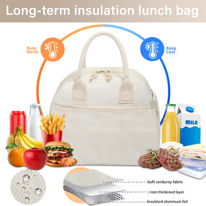 Carry bloom Lunch Box for Women, Insulated Lunch Bag Cute Corduroy Lunchbag Reusable Lunchbox for Work (bb pink corduroy)