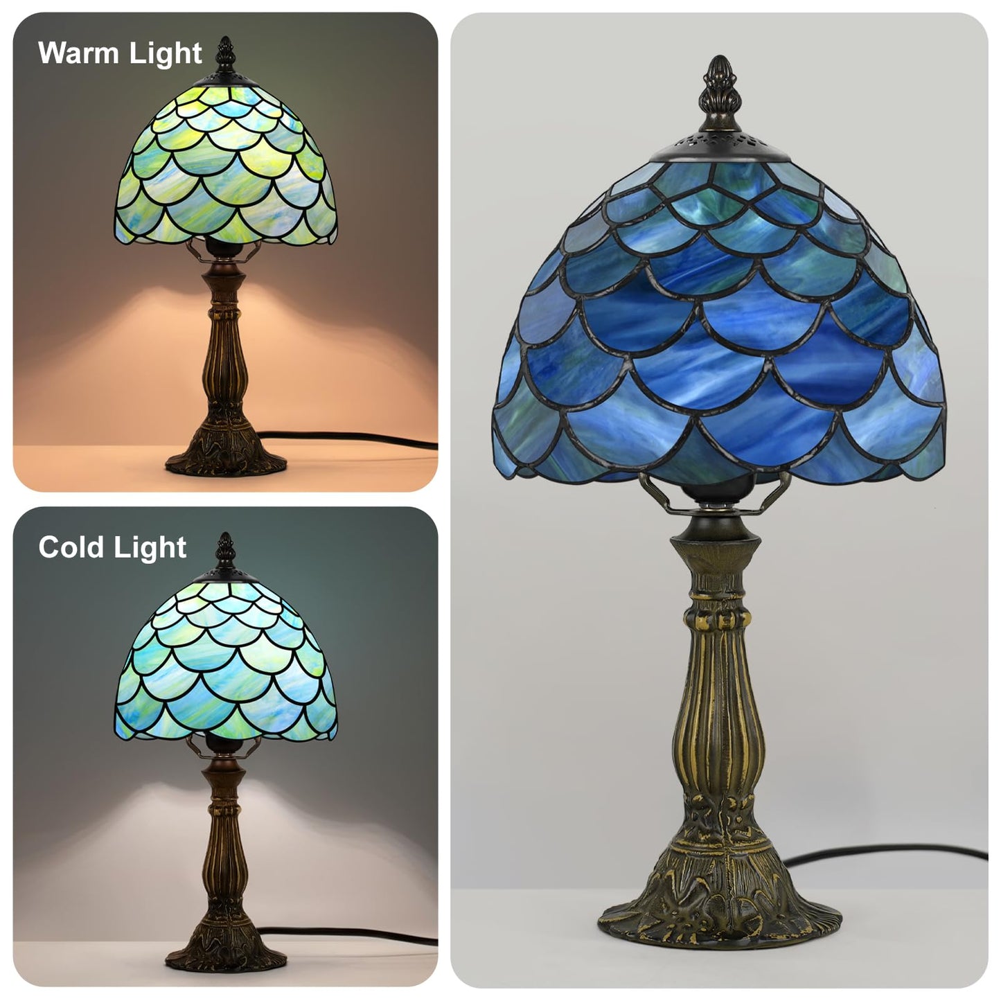 MOAN Small Lamp Stained Glass Table Lamp 8X14.5 Inch Bedside Reading Light Antique Light Desk Lamp(Green Fish Scale Style)