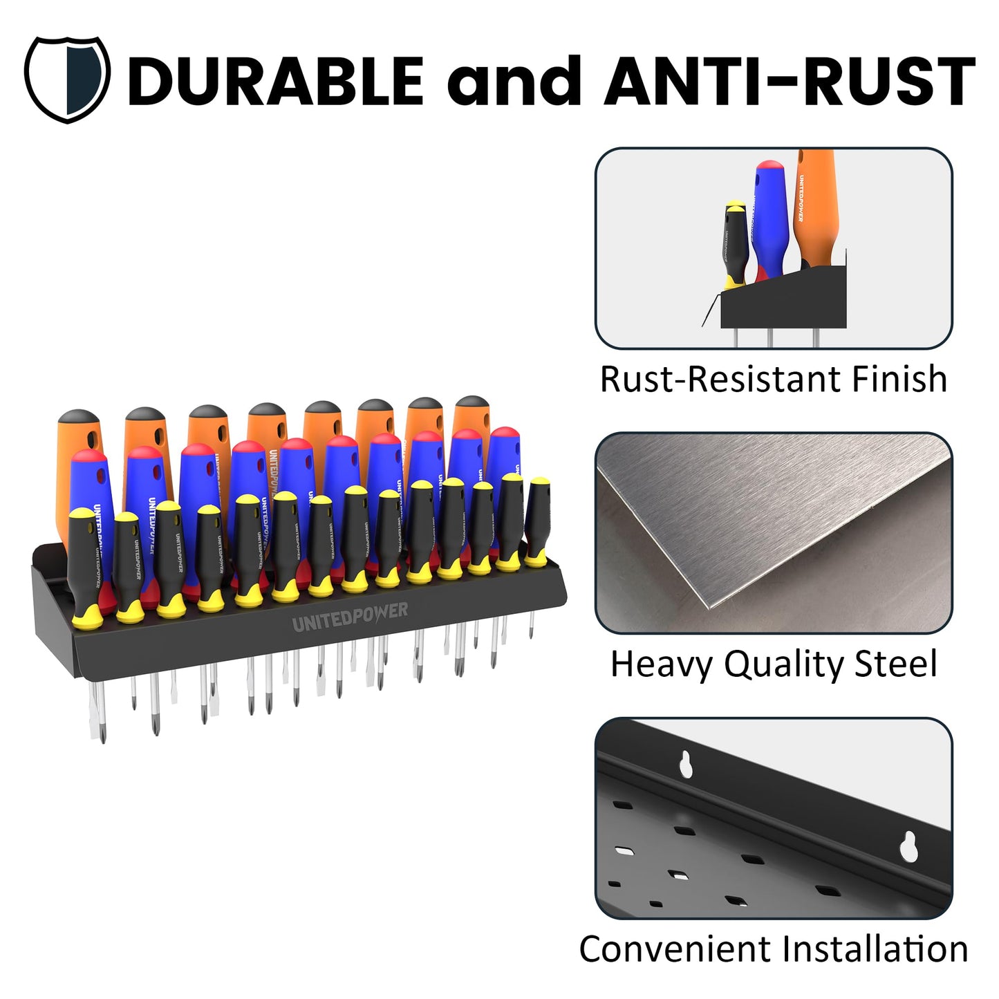 UNITEDPOWER Screwdriver Holder, Wall Mount Storage Rack Organizer for Workshop, Shed, Garage, Home, Stores up to 32 Screwdrivers or Small Tools
