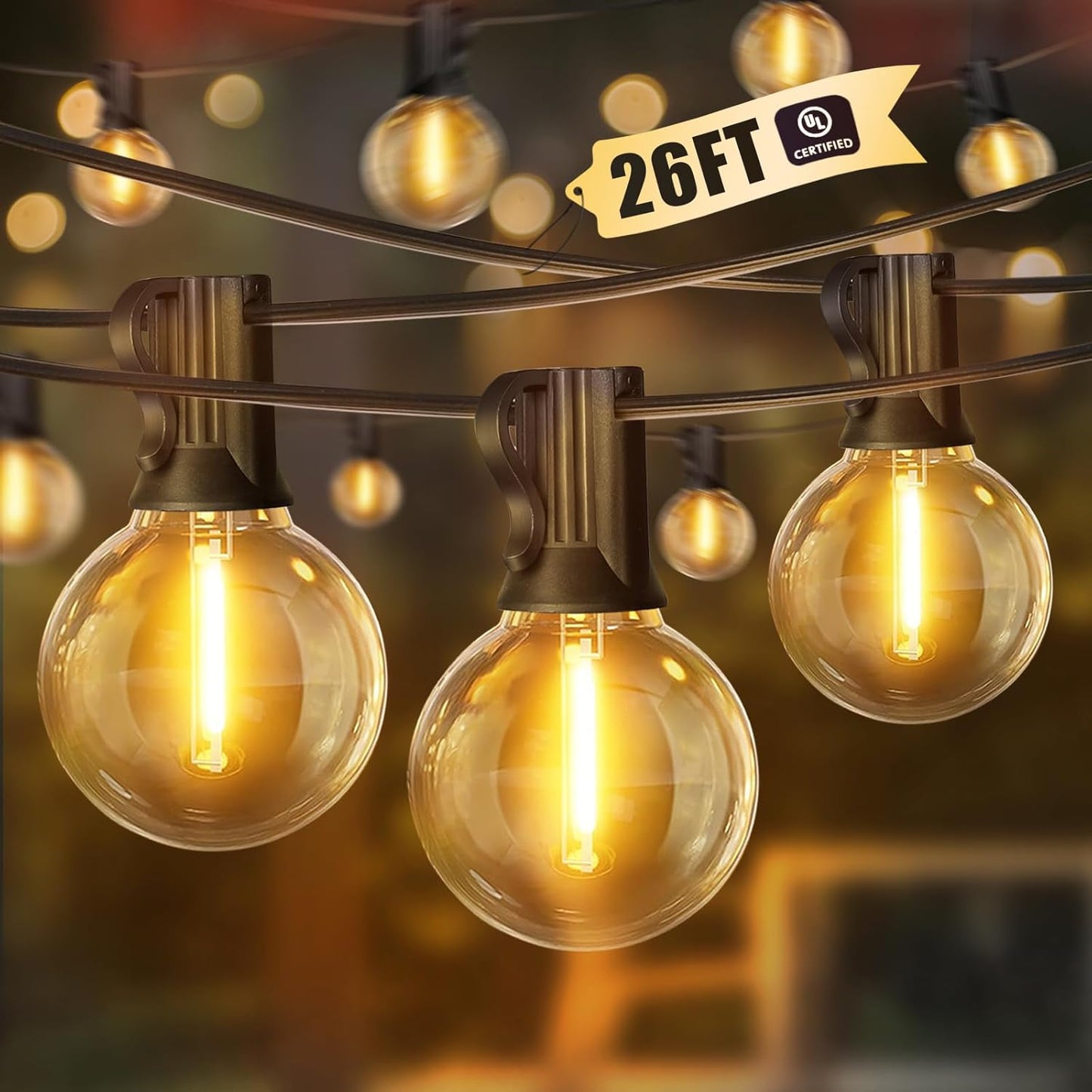 26FT 12+1 Bulbs, Dimmable LAMPHOME LED Outdoor String Lights, Warm White Patio Lights with Edison Shatterproof UL