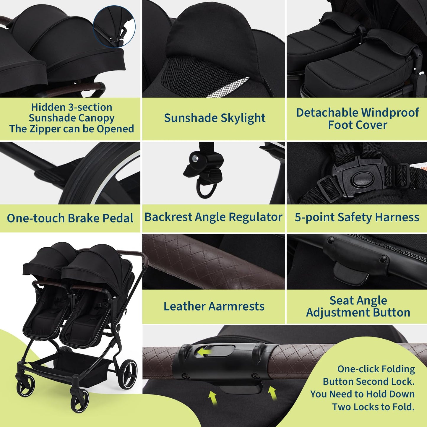 Double Stroller for Twins, Lightweight Side by Side Baby Stroller for Infant & Toddler, High Landscape Double Seat, One-Click Stroller with Adjustable Canopy, Reclining Seats & 5-Point Harness
