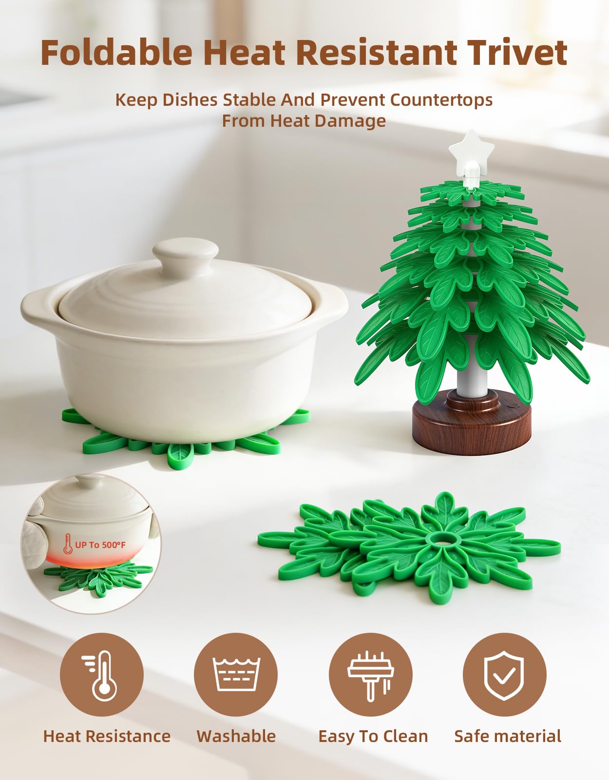 Silicone trivet tree Placemats, Tree Trivet Set-6pcs Trivets for HotDishes with Stand, Wooden-Style Tree Trivet Look, Non-Slip Washable Trivet, Trivets with RGB Light, Tree Pot Holder for Various dish